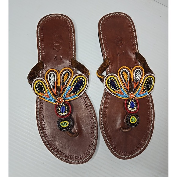 The Unbranded Brand Shoes - Womens Brown Learher Beaded Tong Sandals Size 42 / US 10
